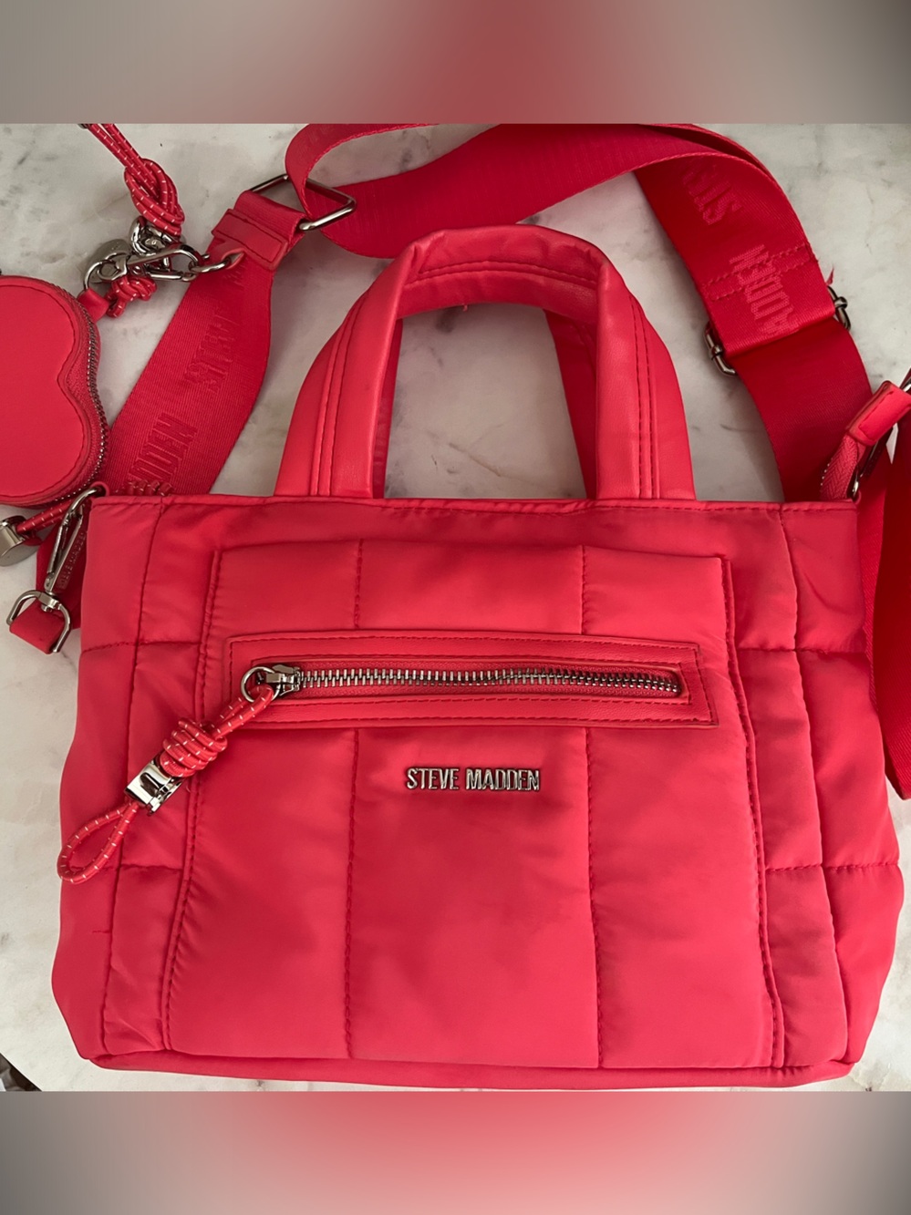 Steve Madden Bright Pink Quilted Tote with Heart Coin Pouch